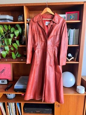 Vintage 1970s Rust Orange Leather Coat - Women's Long Trench, Olympics USA